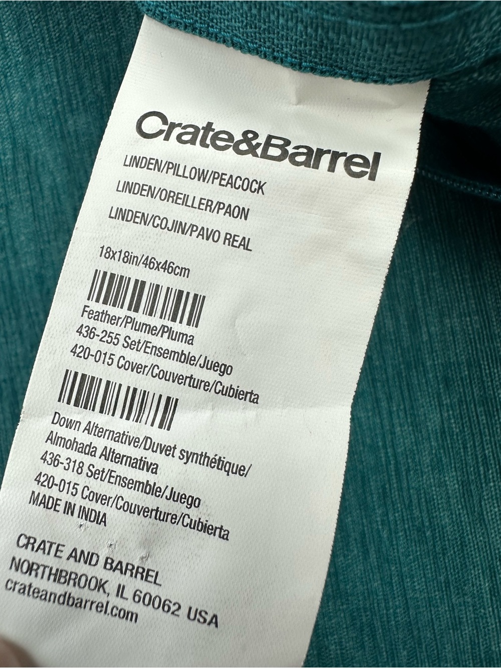 Crate & Barrel Linden Pillow Case in Peacock Size 18 x 18 inches. - Picture 7 of 8